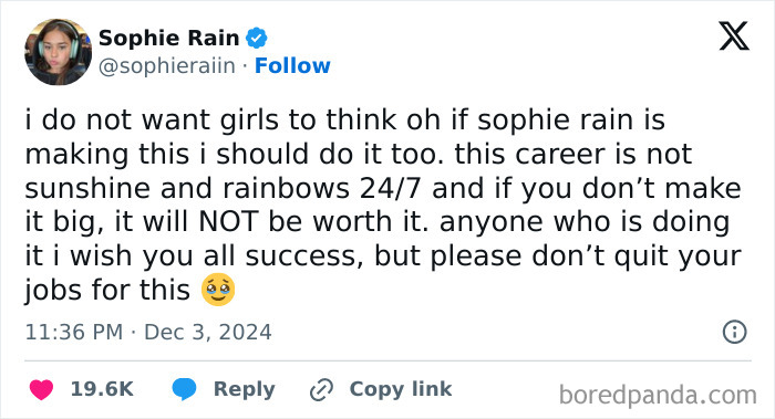 Sophie Rain’s tweet sharing insights on building wealth and net worth from clicks and online success. Sophie Rain’s tweet sharing insights on building wealth and net worth from clicks and online success.