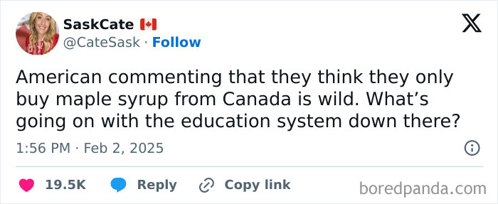Tweet roasting America about misconceptions on maple syrup, highlighting sharp Canada roasts on America’s education system.
