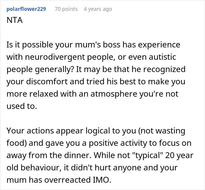 Screenshot of a Reddit comment discussing a man picking at his food during dinner with his mom’s boss. Screenshot of a Reddit comment discussing a man picking at his food during dinner with his mom’s boss.