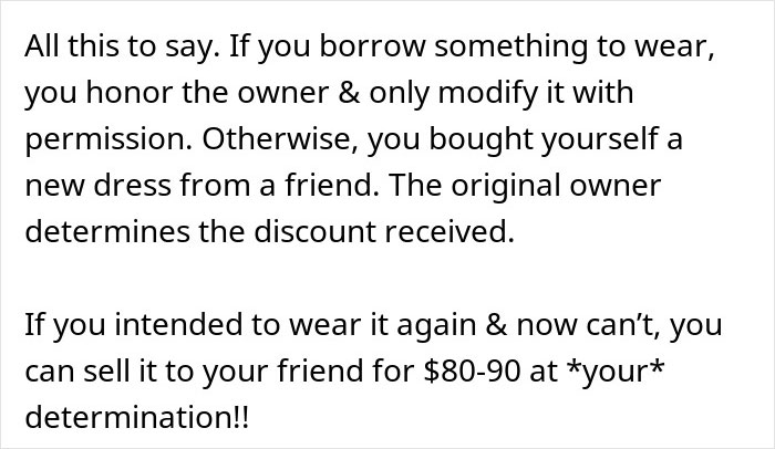 Text excerpt about borrowing and modifying a dress, discussing paying $90 and permission for alterations.