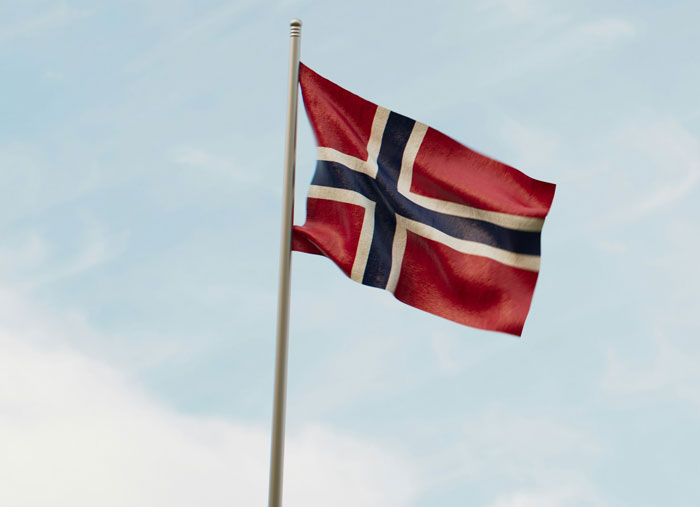 Norwegian flag waving on a flagpole against a blue sky, symbolizing an Oscar-worthy performance of lies.