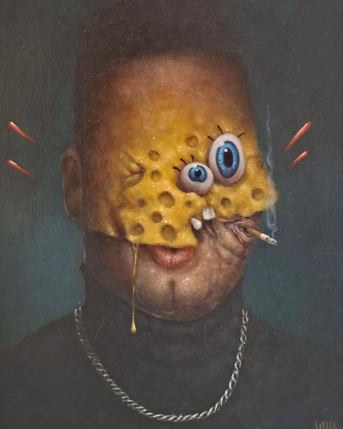 Surreal creepy painting by Tyler Tilley showing a distorted face with melted cartoon eyes and a smoking cigarette.