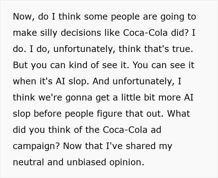 Text discussing the Coca-Cola holiday commercial and challenges of AI in creative ad campaigns and decision-making.