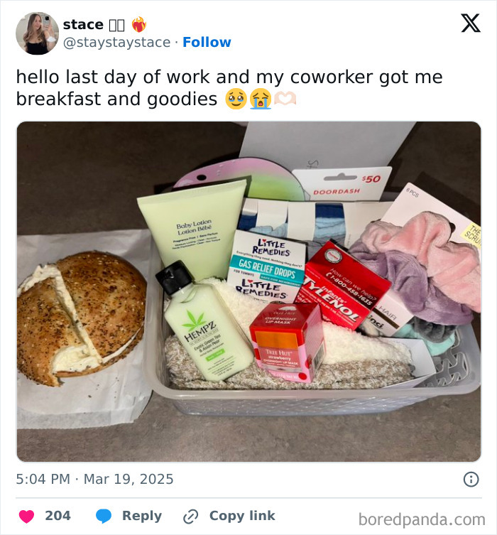 Carton of breakfast, skincare, and gifts symbolizing employees who walked out with jokes and zero regrets on last workday.
