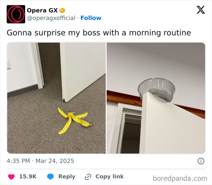 Work life humor shown with a banana peel on office floor and a bucket balanced on a door in a job setting.