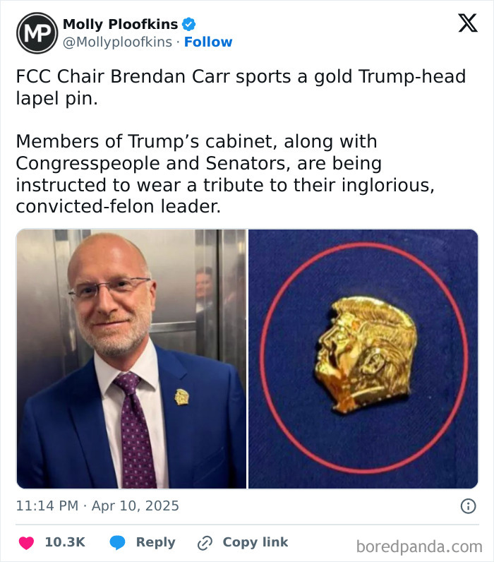 Screenshot of a tweet showing FCC Chair Brendan Carr wearing a gold Trump-head lapel pin in a there was an attempt fail pics context.