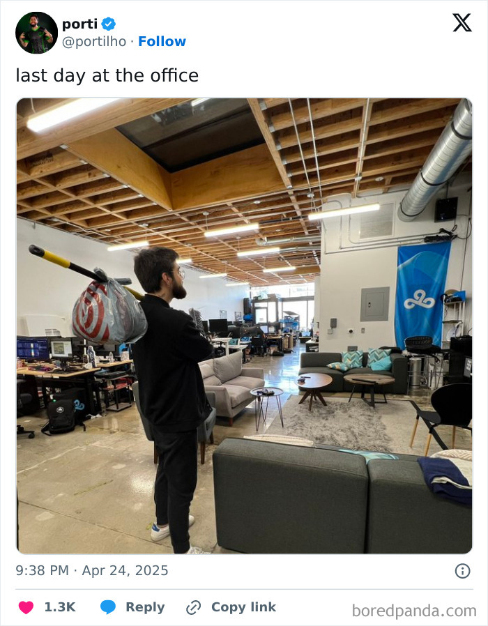 Man leaving office with prank prop bag over shoulder, capturing a moment from employees who walked out with jokes and pranks.