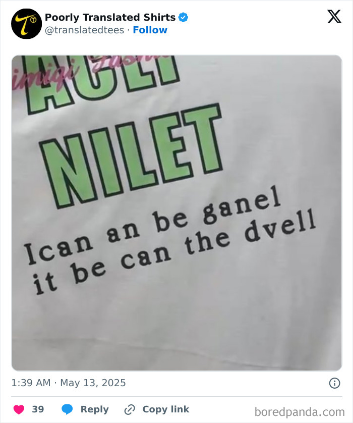 Funny English t-shirt with poorly translated text featuring large green letters and a confusing phrase on a white background.