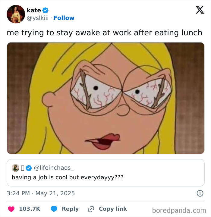 Cartoon character with bloodshot eyes struggling to stay awake at work, illustrating having a job challenge.