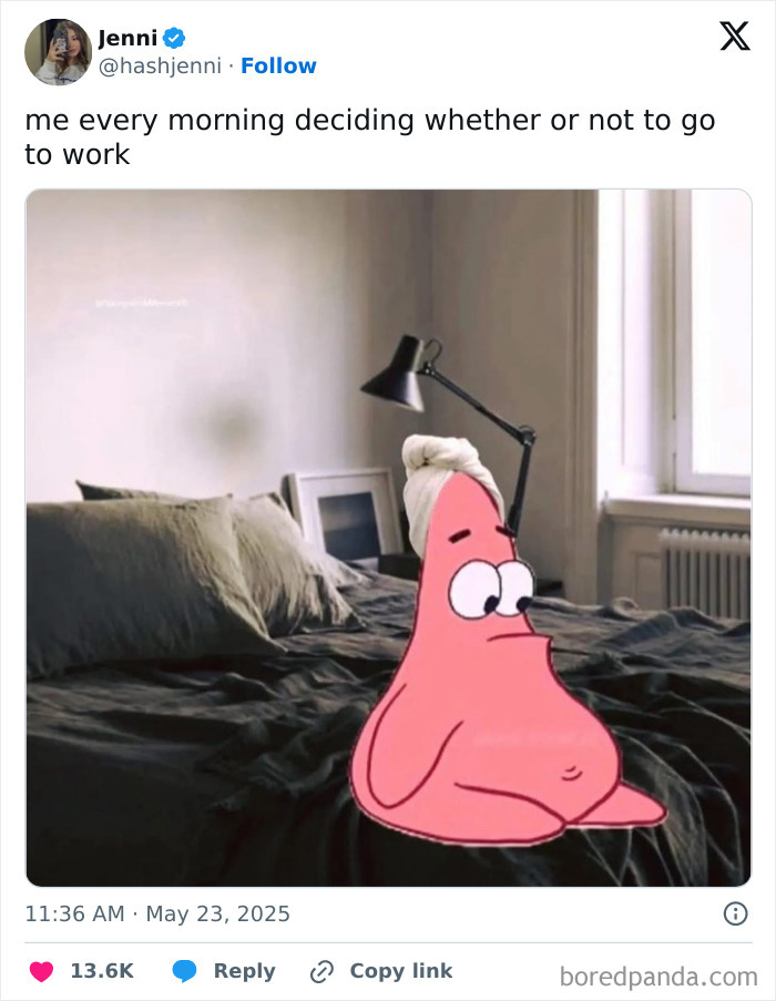 Patrick Star with a towel on his head sitting on a bed, reflecting the feeling of having a job and deciding to go to work.