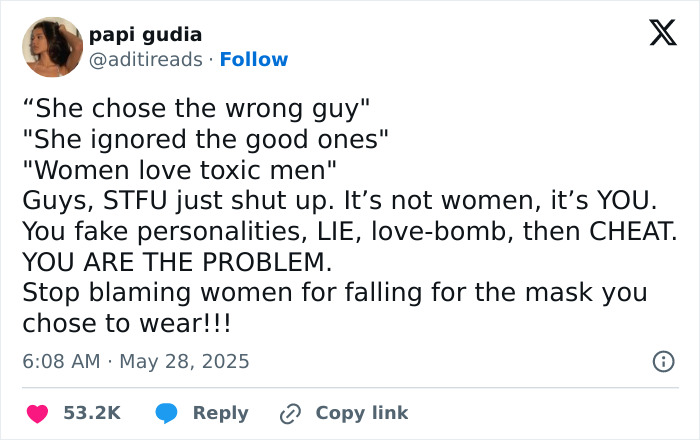 Tweet from a savage woman roasting men online, calling out fake personalities and blaming men for relationship issues.