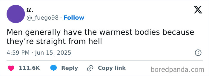 Tweet from a savage woman roasting men online with a bold statement about men’s bodies and origin.