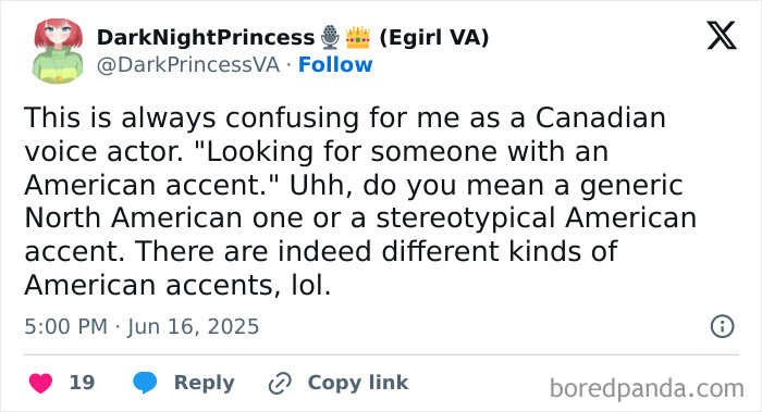 Tweet from a Canadian voice actor humorously discussing the confusion around American accents in North America.