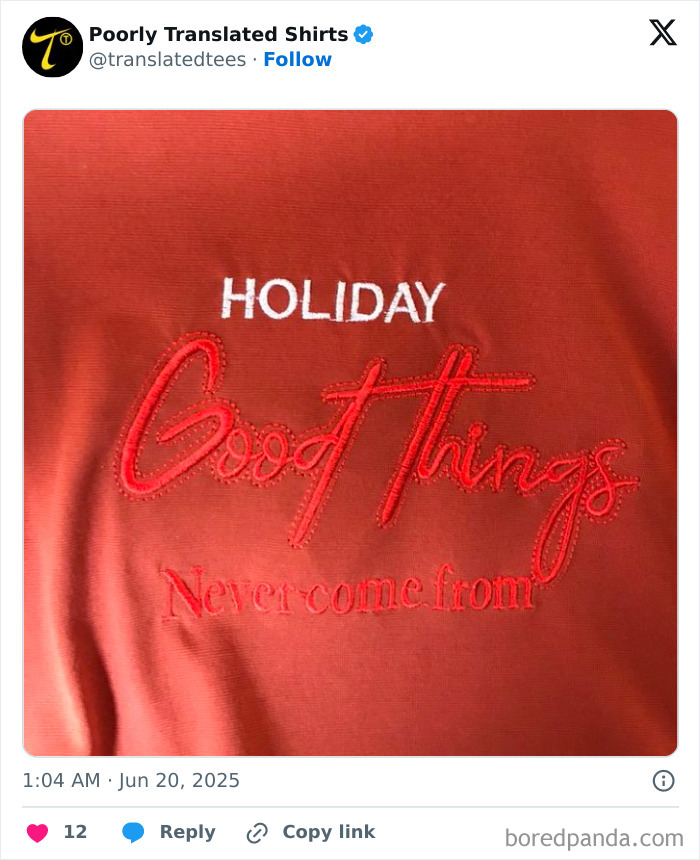Red shirt with embroidery featuring poorly translated English text about holiday and good things, funny English T-shirts worldwide.