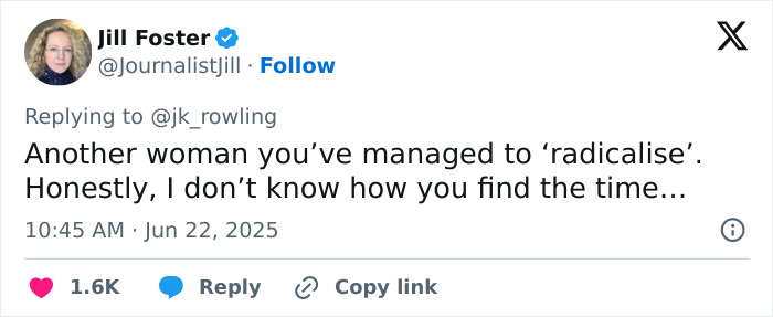Tweet by journalist Jill Foster replying to JK Rowling about radicalization, reflecting controversy around BBC anchor discipline for on-air remark.