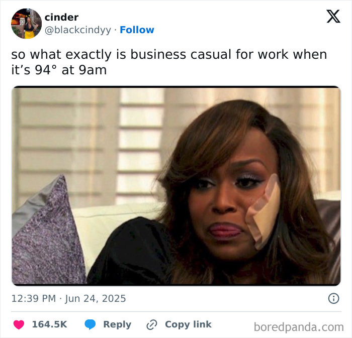Tweet highlighting the struggles of business casual dress codes in hot weather, reflecting real-life work challenges.