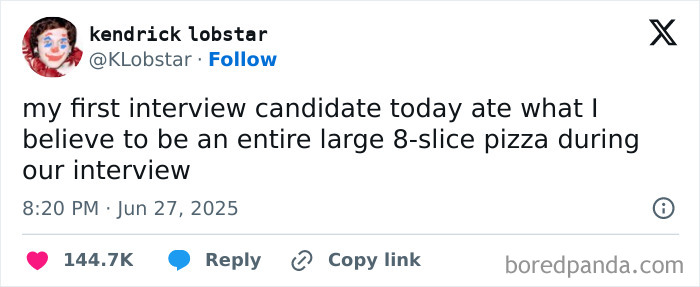 Tweet about a job interview where the candidate ate a large 8-slice pizza during the interview, capturing relatable work humor.