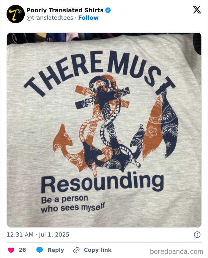 Funny English T-shirt with an anchor design and a quirky phrase found in a global lost in translation collection.