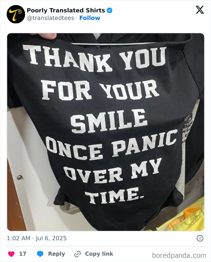 Black T-shirt with a funny and poorly translated English phrase highlighting ridiculous translation errors on shirts worldwide.