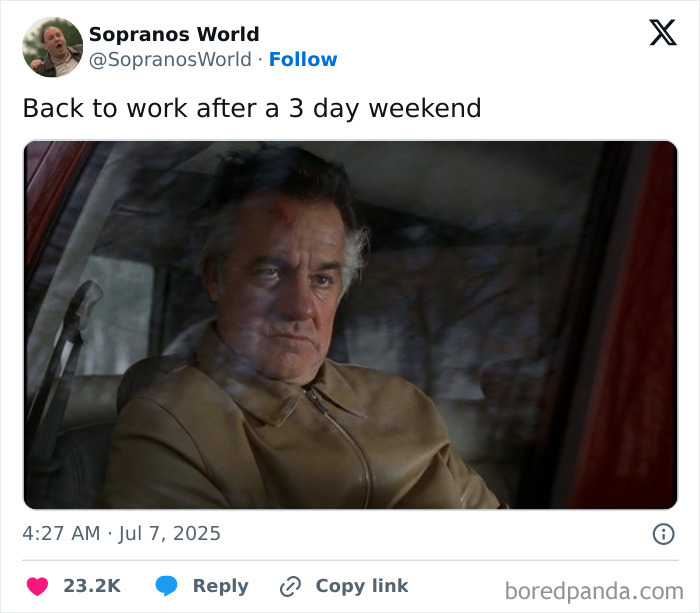 Man looking tired and reflective through car window, capturing the feeling of having a job after a long weekend.