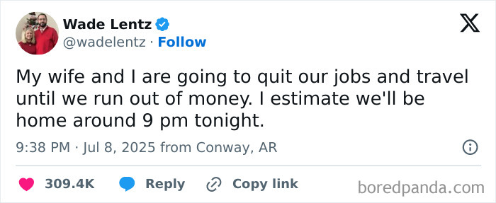 Tweet about quitting jobs and traveling, capturing the everyday humor of what it’s like having a job.