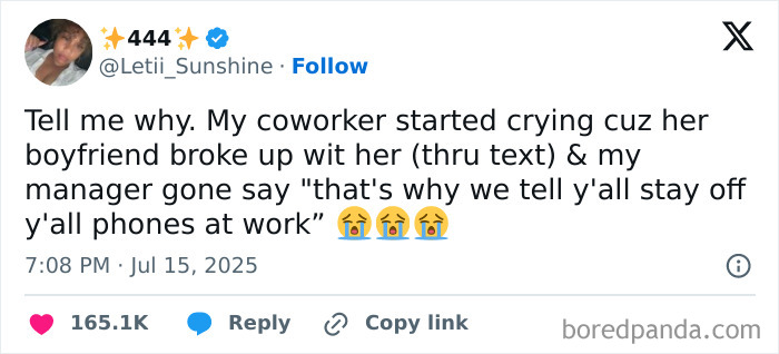 Tweet about coworker crying over a breakup and manager advising to stay off phones, highlighting job experiences.