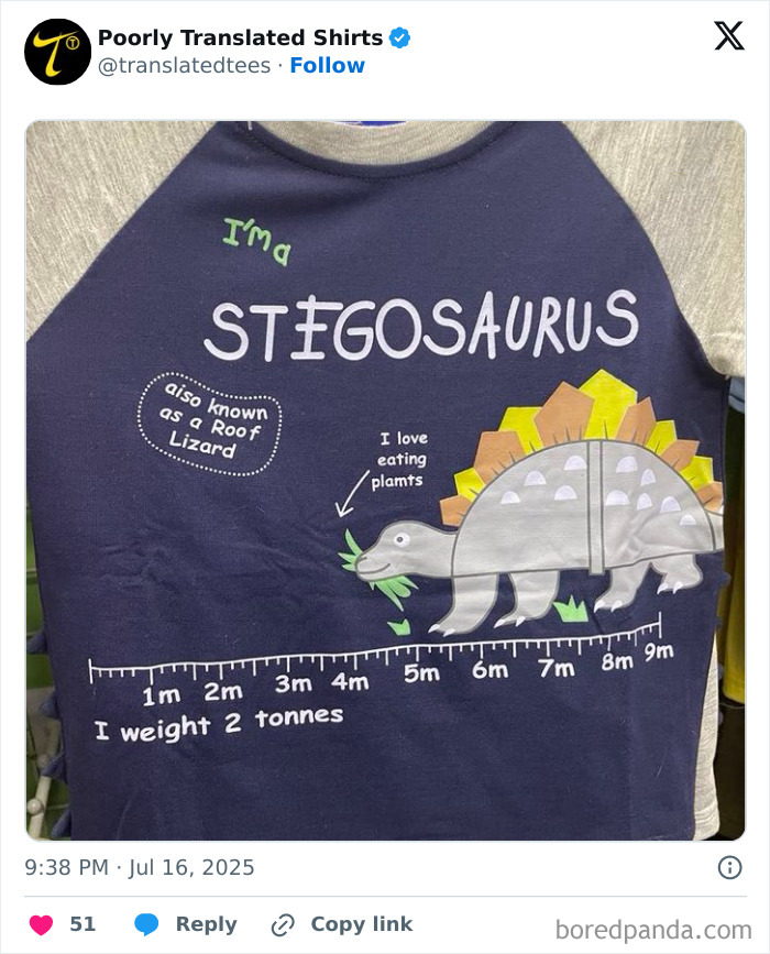 Child's navy blue dinosaur shirt with funny English translation errors, featuring a stegosaurus and measurement marks in meters.