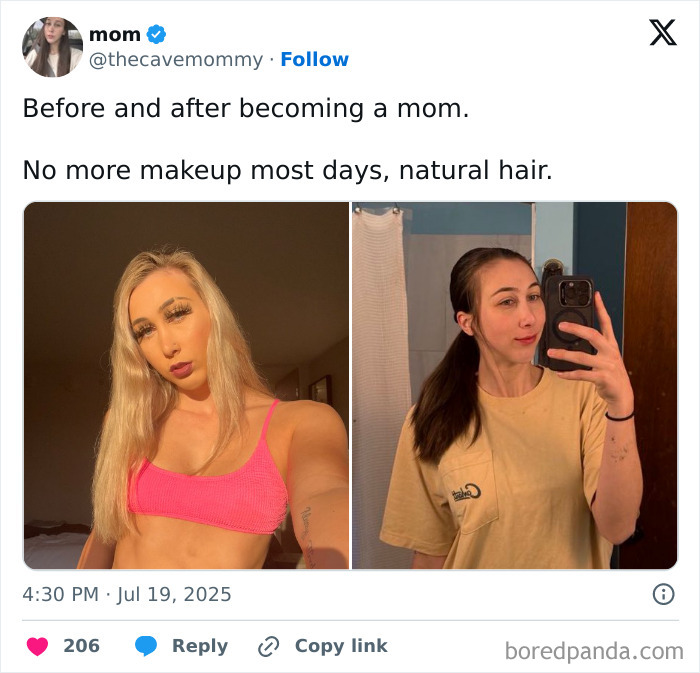 Before and after photos of a mom showing natural hair and no makeup, highlighting honest and relatable moments of motherhood.