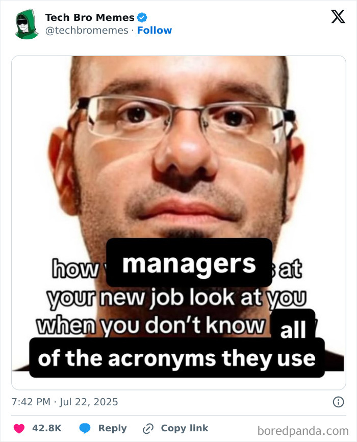 Close-up of a man with glasses illustrating humor in tweets about what it’s like having a job and workplace acronyms.