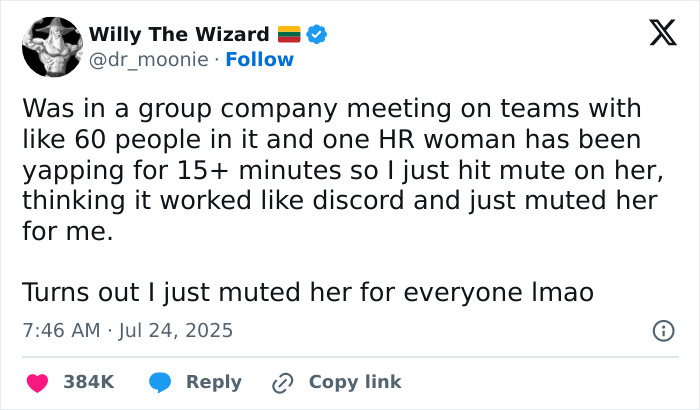 Tweet about muting an HR speaker in a large company meeting, highlighting relatable job humor and work meeting experiences.