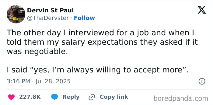 Tweet humorously highlighting salary negotiation experience related to having a job, showcasing work life and job humor.