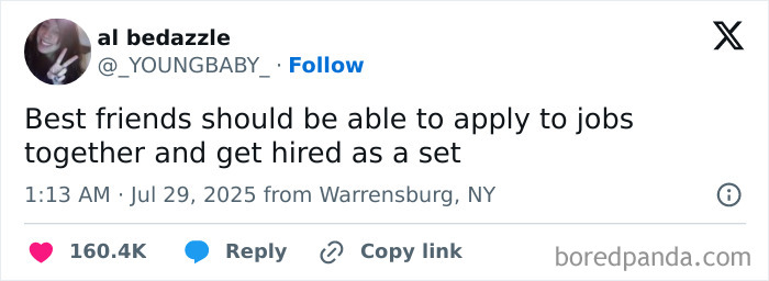 Tweet about friends applying to jobs together, highlighting the relatable experience of having a job and job hunting humor.