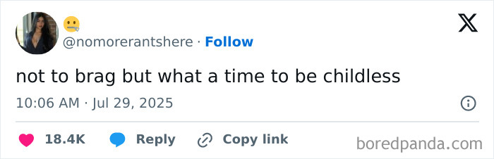 Screenshot of a tweet humorously celebrating the advantages of being childless, featured in funny memes collection.