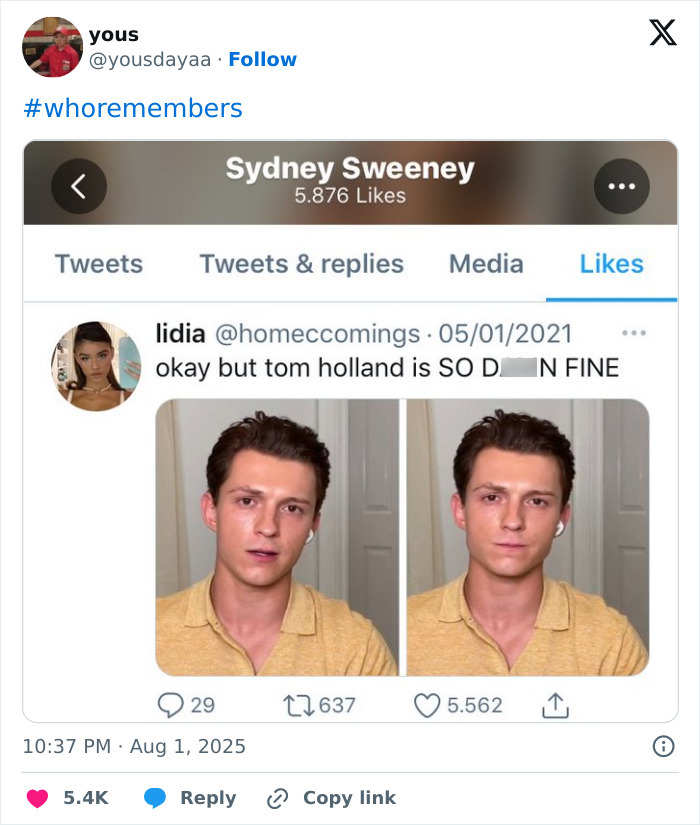 Screenshot of a Twitter post showing Sydney Sweeney&rsquo;s likes with a tweet mentioning Tom Holland, related to Sydney Sweeney and Zendaya feud.