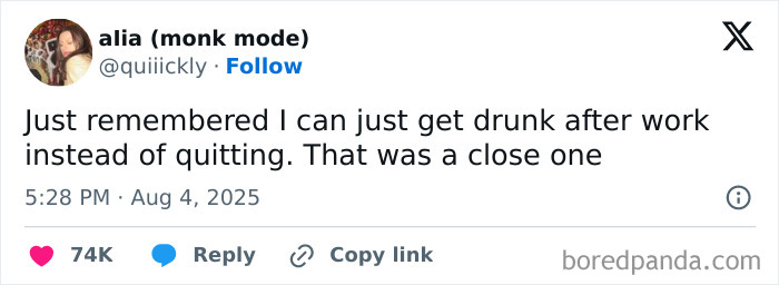 Tweet humorously reflecting on the reality of having a job, sharing a relatable work-life moment after work hours.