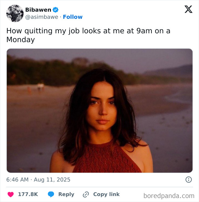 Woman with long dark hair at the beach at sunset, capturing the mood of quitting a job early on a Monday.