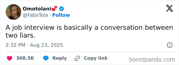 Tweet by user Omotolani humorously describing a job interview as a conversation between two liars, illustrating work life.