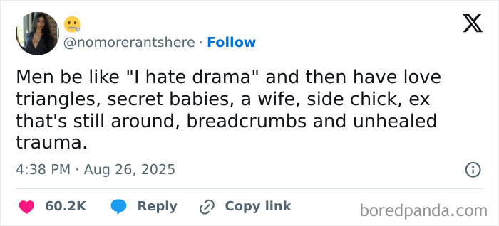 Twitter post showing a savage woman roasting men online with a tweet about drama and complicated relationships.