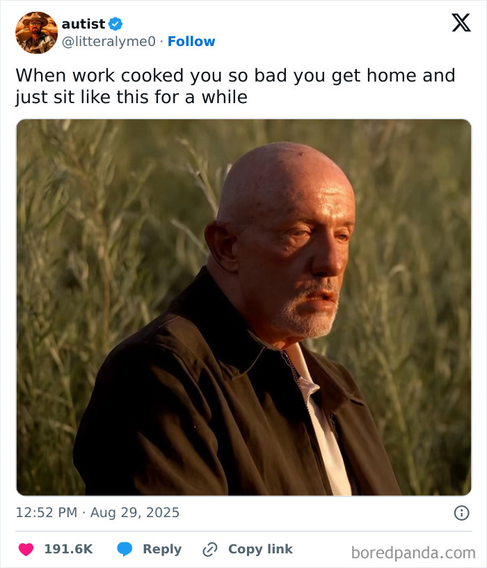 Man sitting outdoors looking exhausted, capturing the feeling of having a job and work fatigue in a relatable tweet.