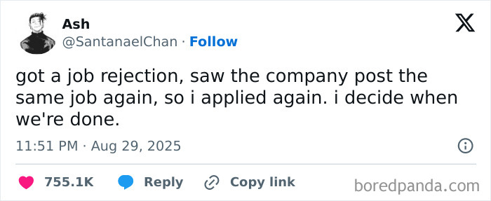 Tweet text about job rejection and reapplying, illustrating relatable moments of having a job and job search experiences.