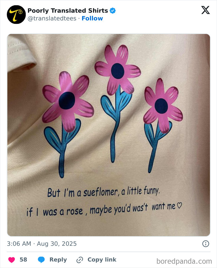 T-shirt with funny English translation errors featuring pink flowers and a humorous phrase about a sueflomer.