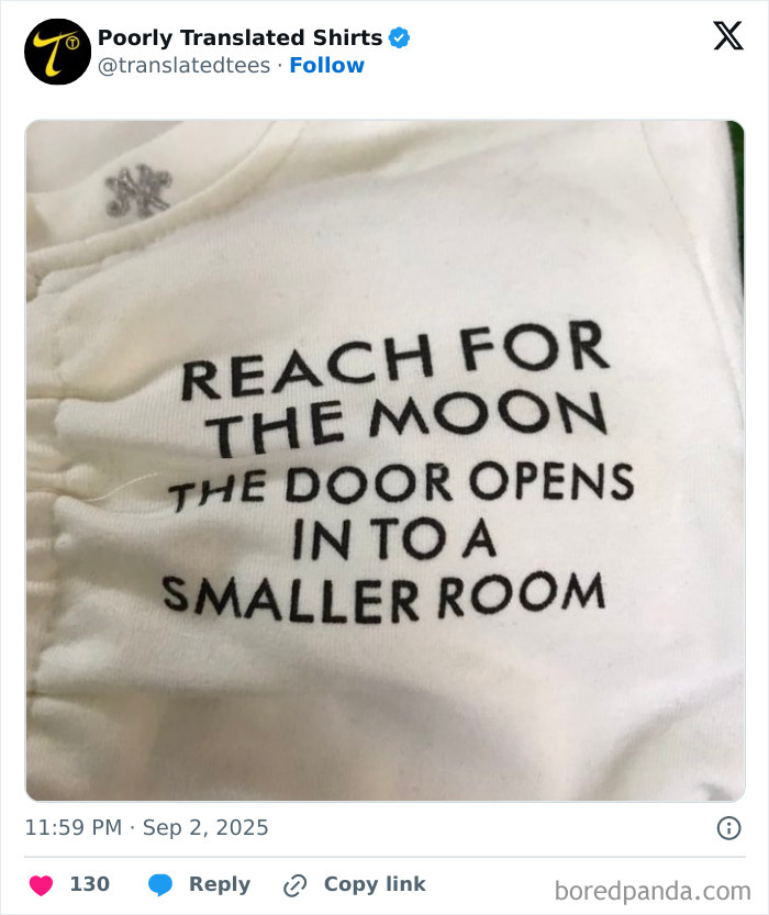 White T-shirt with funny English text containing a ridiculous translation found in lost in translation English T-shirts worldwide.