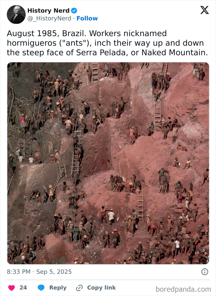 Workers scaling the steep Serra Pelada mountain in Brazil, a rare and powerful photo exploring history from 1985.