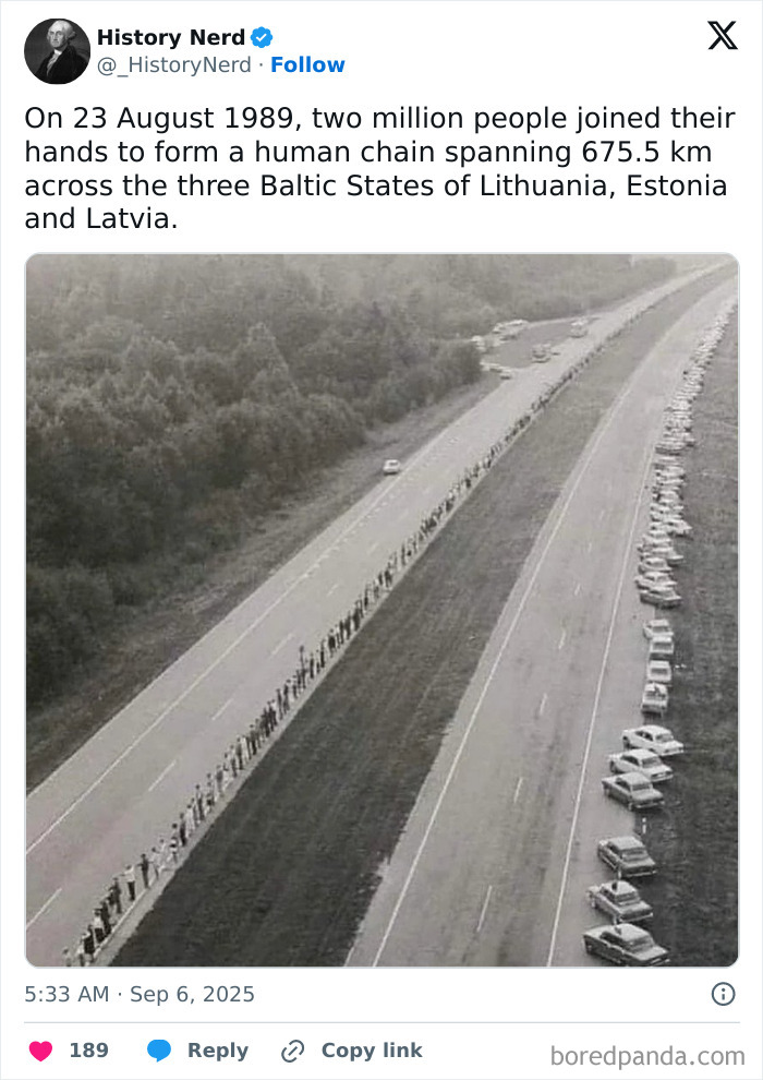Two million people forming a human chain across Baltic States in a rare and powerful history photo.