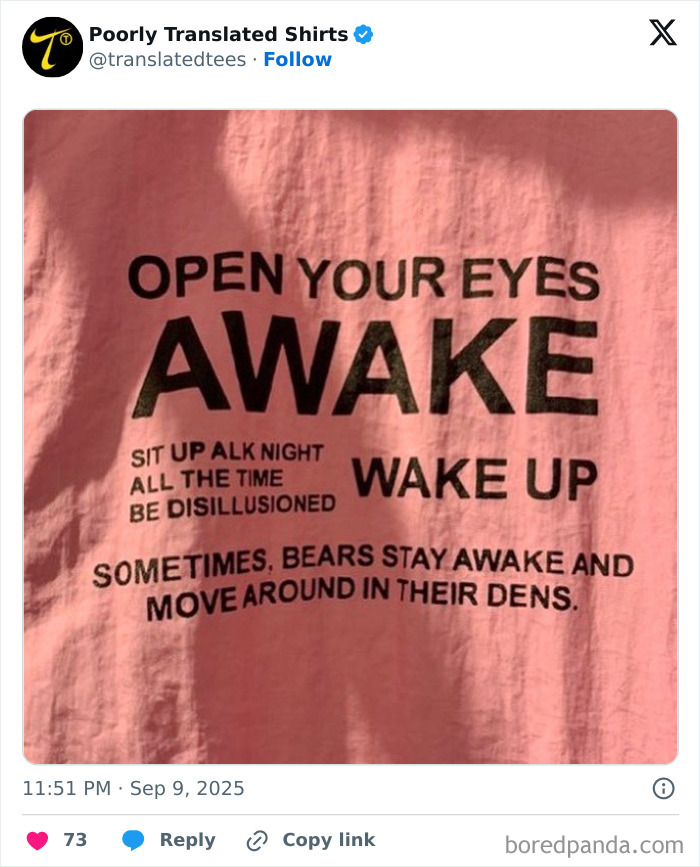 Pink t-shirt with funny and poorly translated English text about staying awake and bears moving in dens.