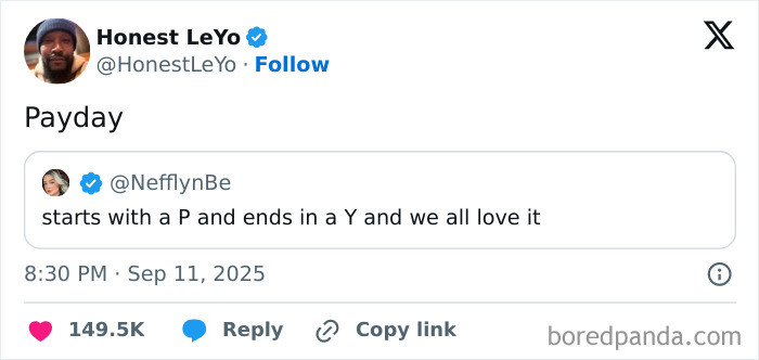 Screenshot of a tweet humorously describing payday, relating to tweets about having a job experience.