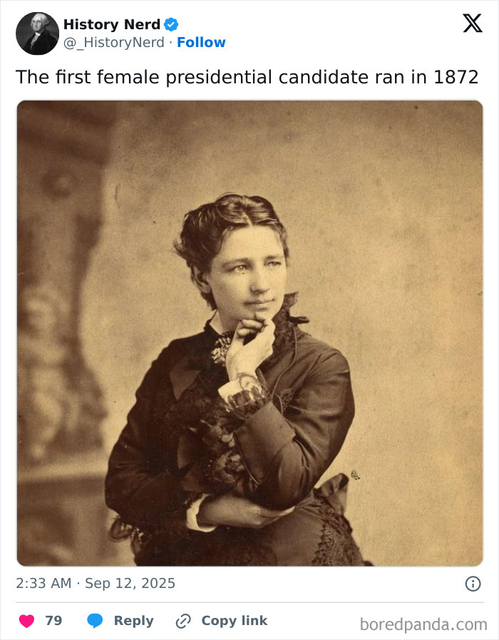 Vintage photo of the first female presidential candidate from 1872, illustrating powerful moments in history.