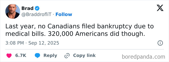 Tweet comparing Canadian and American bankruptcy rates due to medical bills as a sharp Canada roast of America.