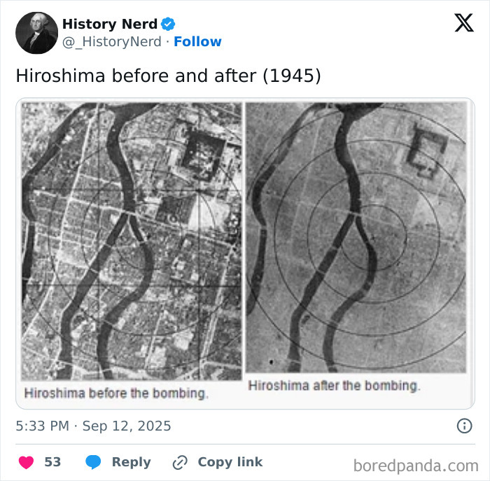 Aerial photos showing Hiroshima before and after the atomic bombing, highlighting rare and powerful moments in history.