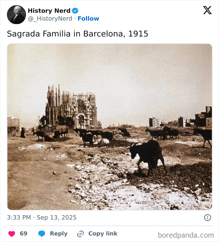 Sepia-toned rare photo of Sagrada Familia under construction in 1915 with cows grazing nearby, exploring history moments.